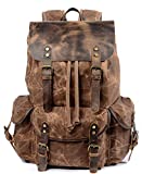 WUDON Travel Backpack for Men & Women, Genuine Leather-Waxed Canvas Shoulder Rucksack, Vintage Style W Laptop Space & Multiple Pockets, Large Bag For Travel, School, University & More (Coffee)