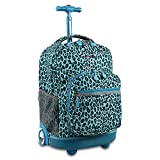 J World New York Sunrise Rolling Backpack. Roller Bag with Wheels, Mint Leopard, 18'