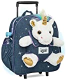 Naturally KIDS Unicorn Backpack - 3 5 Year Old Girl Gifts - Kids Suitcase for Girls Boy w Stuffed Animal - Toys for 5 7 Year Old Girls - w Pockets & Reflective Logo - Rolling Backpack w White Unicorn