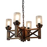 Eumyviv Wood Farmhouse Rustic Chandelier 4 Lights with Glass Shades, 22.8 inches Industrial Dinning Table Pendant Lamp Vintage Edison Hanging Light Fixture, Brown & Black, C0075