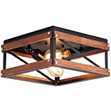 Rustic Farmhouse Flush Mount Light Fixture Two-Light Metal and Wood Square Flush Mount Ceiling Light for Hallway Bedroom Kitchen Entryway, Black