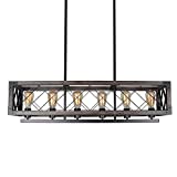 Bizinlumin Long Wood Rectangle Cage Chandelier Light for Kitchen Island, Metal Farmhouse Dining Room Lighting Rustic Industrial Billiard Pool Table Edison Light Fixture 6 Lights E26 BY19005