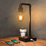 Industrial Table Lamp, Vintage Bedside Lamp with USB Charging Port Dimmable Steampunk Office Lamp Metal Pipe Edison Reading Lamp for Bedroom, Coffee, Dorm, Farmhouse Decor 6W LED Bulb Included