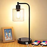 Industrial Table Lamp with 2 USB Ports,Fully Stepless Dimmable Vintage Nightstand Desk Lamp, Seeded Glass Shade Bedside Reading Lamp for Bedroom,6W 2700K LED Bulb Included