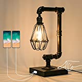 Ganiude Steampunk Lamp, 3-Way Dimmable Touch Control, Industrial Desk Lamp with USB Ports, Vintage Edison Bulb Lamp, Iron Retro Water Pipe Table Lamp for Dining Room, Bar, 100W Max(Bulb Included)
