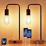 Set of 2 Touch Control 3-Way Dimmable Industrial Table Lamp with 2 USB Charging Ports & AC Outlet Metal Bedside Nightstand Desk Lamp for Bedroom Living Room, Vintage ST64 E26 Edison LED Bulbs Included