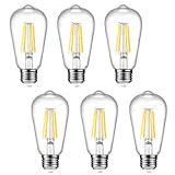 Dimmable Ascher Vintage LED Edison Bulbs, 6W, Equivalent 60W, 700lm, Warm White 2700K, 80+ CRI, ST58 Antique LED Filament Bulbs, E26 Medium Base, Clear Glass, Pack of 6