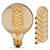 [6 Pack] Vintage Edison Bulbs with Spiral Filament, 60W Dimmable E26/E27 G95 Round Globe Large Antique Light, Golden Finish Industrial Design Amber Warm 120V