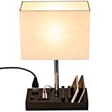 Briever USB Table Lamp, Multi-Functional Bedside Desk Lamp with 2 AC Outlets, 3 USB Charging Ports and Wooden Phone Stand Organizer, Ideal Nightstand Lamp for Bedroom, Guest Room, Office