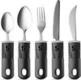 Special Supplies Adaptive Utensils (5-Piece Kitchen Set) Wide, Non-Weighted, Non-Slip Handles for Hand Tremors, Arthritis, Parkinson’s or Elderly use - Stainless Steel Knives, Fork, Spoons - Black