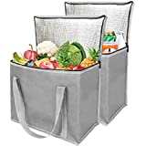 Bodaon 2-Pack Insulated Reusable Grocery Shopping Bags, Xl, Large Picnic Cooler Bag Zipper Zippered Top Cold, Grey