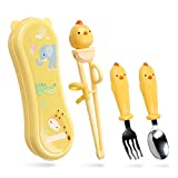 Training Chopsticks Set for Kids and Beginners,Chopstick Spoon Fork and Case Set,Reusable Learning Chopsticks with Attachable Learning Chopstick Helper - Right Handed Only Stainless Steel Yellow