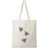 BeeGreen Canvas Tote Bag with 2 Inner Pockets Cute Bees Aesthetic 12OZ Cotton Gift Tote Bag for Mother's Day Teacher Women Eco Friendly Reusable Tote Bag w Handles Washable Trendy Beach Tote Bag
