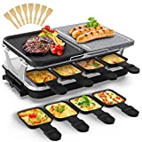 Voohek Korean BBQ Grill Raclette Table Grill Hibachi Electric Indoor Grill 2 in 1 Non-stick Grilling Plate and Natural Cooking Stone Adjustable Temperature 8 Raclette Pans 8 Wooden Spatulas for Family Fun 1300W