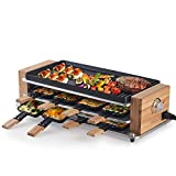 Raclette Table Grill, COKLAI Raclette Grill with Removable 2 in 1 Non-stick Grill plate, Temperature Control, 8 Paddles & 8 Spatulas, Wooden Base Korean BBQ Grill Indoor