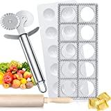 Ravioli Mold Extra Large 37 10 Holes Italian Pelmeni Maker Mold Round Russian Dumplings Making Kit with Wooden Rolling Pin and Double Ravioli Cutter Pastry Wheel Cutter Pasta Tools (Square Style)
