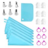 Riccle Reusable Piping Bags and Tips Set - Strong Silicone Icing Bags with Tips - 25 Pcs Cake Decorating Kit of 6 Pastry Bags 12, 14 & 16 Inch - 6 Couplers, 6 Frosting Tips, 6 Bag Ties, Cake Scraper