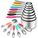 16 Pcs Stainless Steel Measuring Cups and Spoons Set, YIHONG Metal Measuring Cups and Spoons with Silicone Handle for Cooking & Baking, Includes 8 Cups, 7 Spoons and 1 Leveler