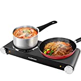 CUSIMAX 900W+900W Double Hot Plates, Cast Iron hot plates, Electric Cooktop, Hot Plates for Cooking Portable Electric Double Burner, Black Stainless Steel Countertop Burner, Easy to Clean-Upgraded Version