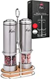 Electric Salt and Pepper Grinder Set -Battery Operated Stainless Steel Salt&Pepper Mills(2) by Flafster Kitchen -Tall Power Shakers with Stand - Ceramic Grinders with lights and Adjustable Coarseness