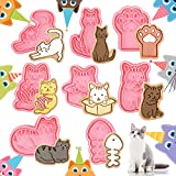 8 Pcs Cat Cookie Cutters with Plunger Stamps Set 3D Cat Paw Shape Biscuit Cutter Funny Cartoon Cookie Stamps Stamped Embossed Cat Cookie Cutters for Treats DIY Cookie Cake Baking Supplies
