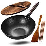 Anyfish Wok Stir Fry Pan with Lid 12.6 Inch Carbon Steel Wok Pan with Chopsticks and Wooden Spatula for All Stoves