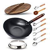 12.6' Carbon Steel Wok, Biziein 10 Pcs Wok Pans with Wooden Handle and Lid ,7 Wooden Cookware Accessories and Wok Rack , Flat Bottom Chinese Stir Fry Wok for Electric, Induction and Gas Stoves