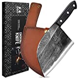 ENOKING Serbian Chef Knife Meat Cleaver Forged Butcher Knife with Full Tang Handle Leather Sheath Kitchen Knife for Home, Outdoor Cooking, Camping, BBQ (Black Handle)