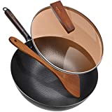 Carbon Steel Wok Pan with Lid & Wood Spatula, Aneder 12.5' Cast Iron Stir Fry Pan with Flat Bottom and Wooden Handle for Electric, Induction and Gas Stoves