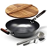 HOME EC Carbon Steel Wok Pan With Lid, Stir Fry Wok Set, Steel Spatula, and Cleaning Brush - Non-Stick Big 12.6' Flat Bottom Chinese woks & stir-fry pans for Electric, Induction, Ceramic & Gas Stoves