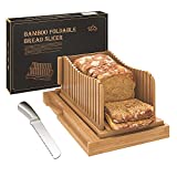 Bamboo Bread Slicer with Serrated Bread Knife, Adjustable Bread Slicer Guide with 3 Thickness Size, Foldable Compact Chopping Cutting Board with Crumb Tray, Great for Homemade Bread, Cakes, Bagels