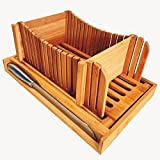 Bamboo Bread slicer, Bread Cutter guide adjustable, Bread Loaf Slicer cutting board & Crumb Catcher Tray, Stainless Steel Knife, Compact & Foldable 2 Bread guides-for homemade bread, cakes, bagels