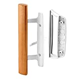 Mortise Style Reversible Sliding Patio Door Handle Set with Oak Wood Interior Handle and Exterior Pull in White Diecast Finish Fits 3-15/16” Screw Hole Spacing, Non-keyed with Latch Locks (White)