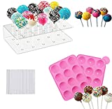 HiYZ Silicone Cake Pop Mold Set, 12 Cavity Lollipop Maker Kit with 60pcs Pop Stick,15-Hole Acrylic Lollipop Holder for Baking Lollipop, Hard Candy, Cake and Chocolate (Pink)