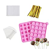 AKINGSHOP 20 Cavity Silicone Cake Pop Mold Set - Lollipop Mold with 60Pcs Cake Pop Sticks, Candy Treat Bags, Gold Twist Ties, Great For Lollipop, Hard Candy, Cake Pop and Chocolate