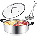 Kerykwan Divided Hot Pot Pan 18/10 Stainless Steel Shabu Shabu Hot pot with Divider for Induction Cooktop Gas Stove Dual Sided Soup Cookware with 2 Soup Ladles (13 inch)