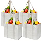 VENO 4 Pack Reusable Grocery Shopping Bag w/ Hard bottom, Foldable, Multipurpose Heavy Duty Tote, Daily Utility bag, Stands Upright, Sustainable (Set of 4, Beige)