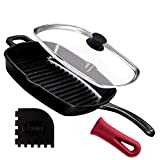 Cast Iron Square Grill Pan with Glass Lid - 10.5 Inch Pre-Seasoned Skillet with Handle Cover and Pan Scraper - Grill, Stovetop, Induction Safe - Indoor and Outdoor Use - for Grilling, Frying, Sauteing