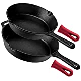 Cast Iron Skillet Set - 8' + 10'-Inch Frying Pan + 2 Heat-Resistant Handle Holder Grip Covers - Pre-Seasoned Oven Safe Cookware - Indoor/Outdoor Use - Grill, Firepit, BBQ, Stovetop, Induction Safe