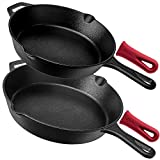 Cast Iron Skillets - Pre-Seasoned 2-Piece Pan Set: 10' + 12'-Inch + 2 Heat-Resistant Silicone Handle Covers - Dual Handle Helpers - Oven Safe Cookware - Indoor/Outdoor, Grill, Stovetop, Induction Safe