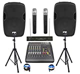 Complete Professional 2000 Watts PA System 6 Ch Mixer 10' Speakers Dual Wireless Mics Stand