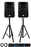 2 Rockville RPG15BT 15' Active BlueTooth Wireless Link DJ Speakers+Stands+Cables