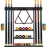 Pool Cue Rack - Pool Stick Holder Wall Mount With 16 Ball Holders & 6 Pack Of Chalk - Rubber Circle Pads & Large Clips Prevent Damage - Compact Billiard Table Accessories For Man Cave (Black)