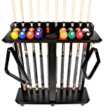 Iszy Billiards Pool Stick Rack - Cue Rack Only - Wood Floor Stand Holds 10 Pool Sticks and a Full Set of Balls - Billiards Accessories – Black