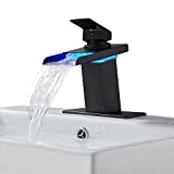LED Light Bathroom Faucet Waterfall Single Handle Black One Hole Faucet for Bathroom Sink Mount Vanity Faucet Lead-Free for Commercial Residential