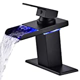 Bathroom Faucet,LED Light Bathroom Sink Faucet, Mekoly 3 Colors Changing Waterfall Bathroom Sink Faucet, Hot and Cold Water Mixer Single Handle Single Hole Deck Mounted Bathroom Tap Faucet，Matte Black