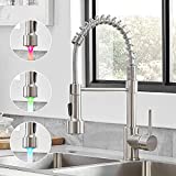 Pull Down Kitchen Faucet with LED Light, WOTOKOL LED Kitchen Sink Faucet with Sprayer Spring Single Handle Solid Brass Kitchen Faucets Brushed Nickel