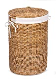 BirdRock Home Seagrass Laundry Hamper with Liner - Round Clothes Bin with Lid - Organize Laundry - Cut-Out Handles for Easy Transport - Includes Machine Washable Canvas Liner