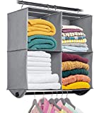 Hanging Closet Organizer with Garment Rod - 4 Section Heavy Duty Fabric Space Saver for Closets, Easy to Mount, Foldable Closet Storage Shelves, Grey with Black Metal Rod 24”W x 12”D x 29.5”H