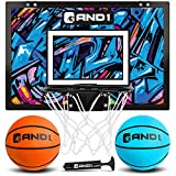 AND1 Mini Basketball Hoop: 18”x12” Pre-Assembled Portable Over The Door with Flex Rim, Includes Two Deflated 5” Mini Basketball with Pump, for Indoor, Orange/Light Blue